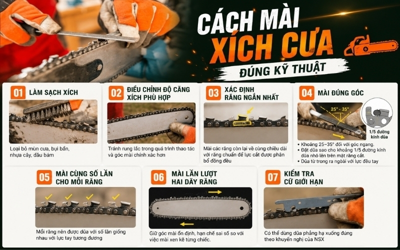 Cách mài xích máy cưa xích đúng kỹ thuật